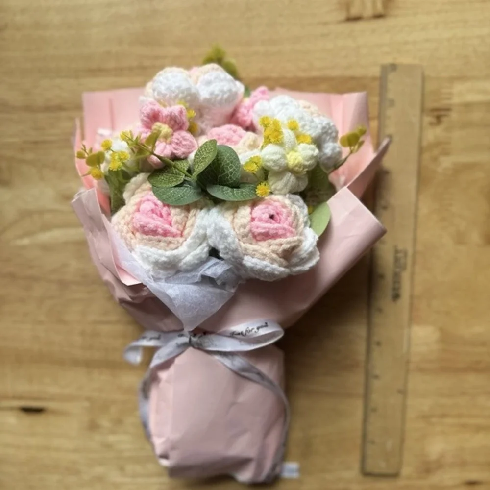 Crochet Flowers Bouquet - Hand Knitted Rose Crochet Flower Bouquet for Home GIFT